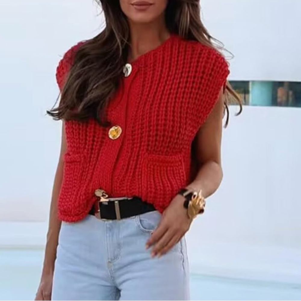 Zara Chunky Red Knit Button-Front Vest